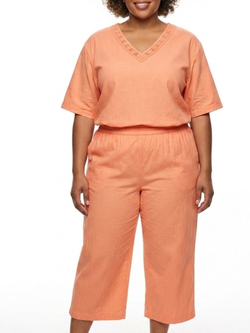SHANNA Vintage 90s Peach Cotton Gauze Co-ord Two Piece Boxy Crop Pants Set 2X
